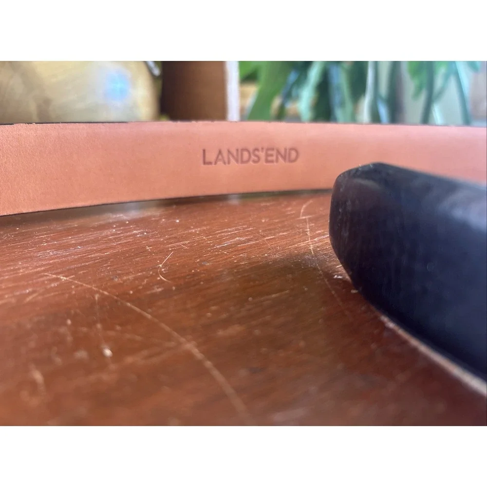 Lands End Mens‎ Belt Size 44 Black Leather Silver Buckle 1.5